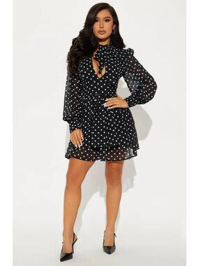 Fashion Nova Morgan Polka Dot Chiffon Mini Dress Black XS